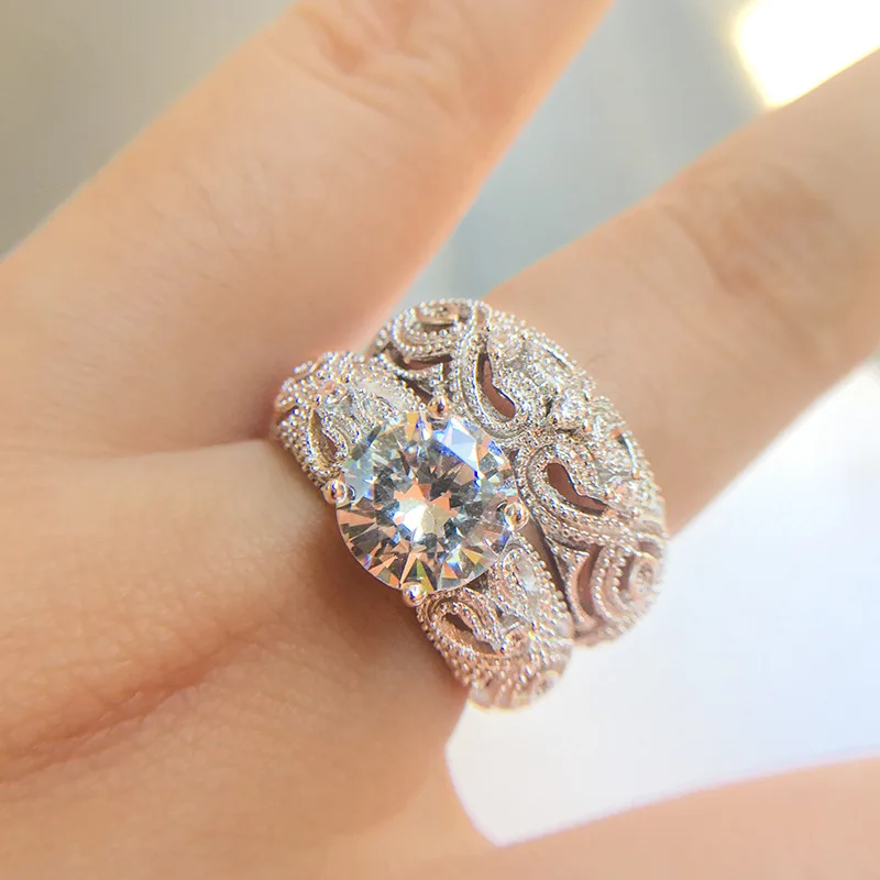 Luxury Brand Fashion 925 Sterling Silver Bridal Set Ring for Women with Paved Micro Hollow-out Zircon Crystal Wedding Jewelry