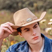 Модная мужская кожаная ковбойская шляпа в западном стиле с закатывающимся верхом для джентльмена, папы, сомбреро, мужские кепки, размер 58 см