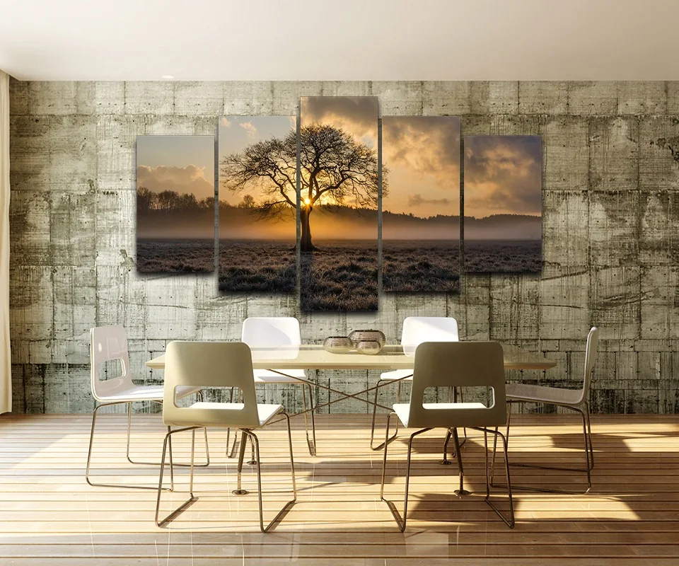 

Canvas Painting Vintage Wall Art Frame Printed Pictures 5 Panel Poster Sunrise Tree Landscape Photo For Living Room Decor