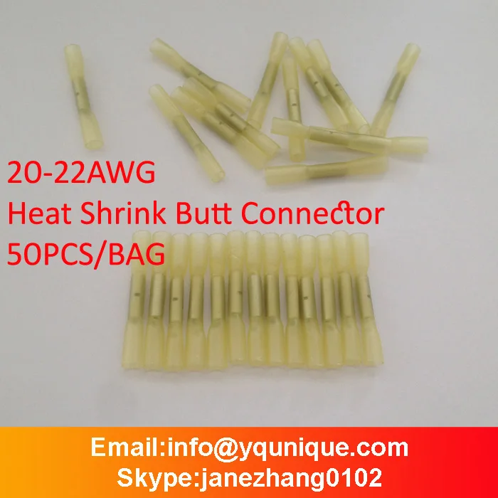 

50pcs/lot SOLDER INSULATED HEAT SHRINK BUTT CONNECTORS ELECTRICAL WIRE ELECTRICAL CRIMP WATER PROOF 20-22 AWG Free Shipping