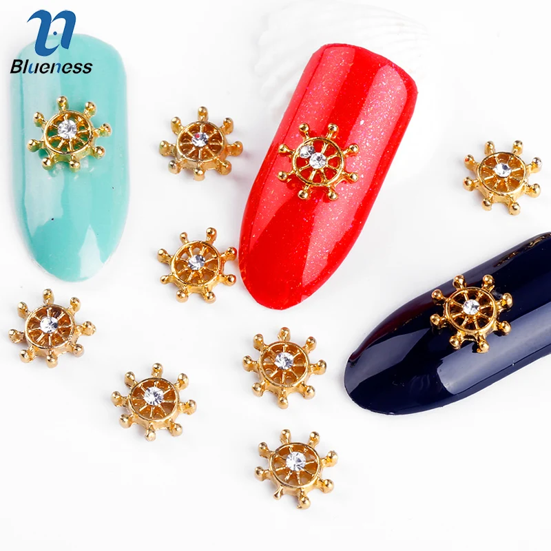 

Blueness 10Pcs 3D Alloy Decorations Gold Rudder Design Nail Art Glitter Rhinestone Studs Nail Tools Accessories Manicure TN668