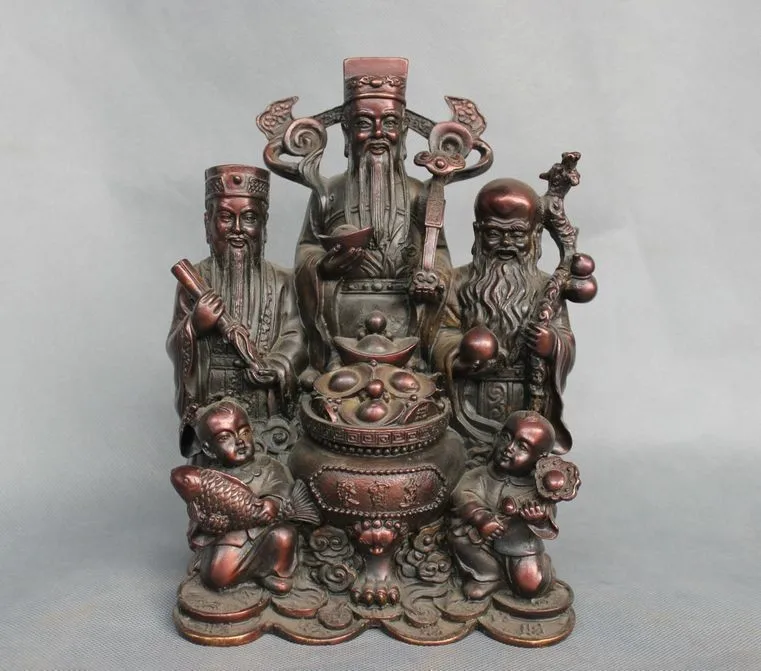 

Elaborate Chinese Folk Copper 3 Gods "Fu Lu Shou" Mammon Two Kids Treasure Bowl Auspicious Statue