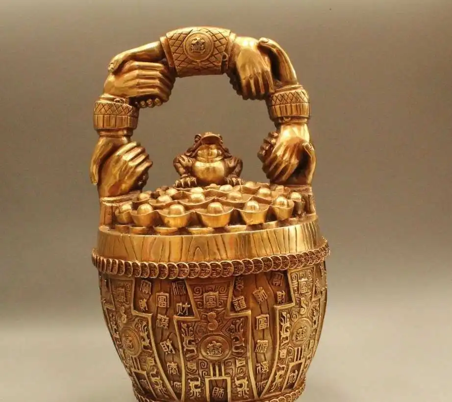 

16" Chinese Folk Brass Wealth Golden Toad Spittor Treasure Bowl Barrel Bucket