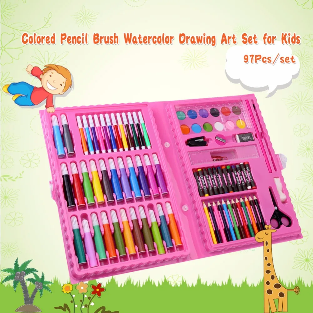

98Pcs/set Wooden Box Brush Artistic Set Colored Pencil Brush Watercolor Art Drawing Set for Kids Drawing, Painting Universal
