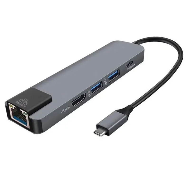 Тип с разъемами типа C и Gigabit Ethernet порт+ HUB+ HDMI 4K+ PD 5-в-1 конвертер для ПК ТВ проектор дисплей - Цвет: Серый