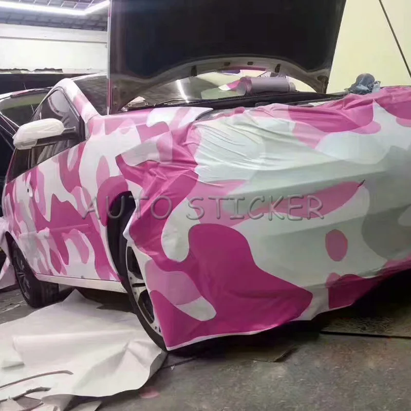Cheap 5/10/15/20/25/30 m * 1.52 m Roze Wit Grote Sneeuw Camouflage wrap Adhesive PVC Film Auto Wrap Racing Auto Camo Sticker Voertuig DIY Decal