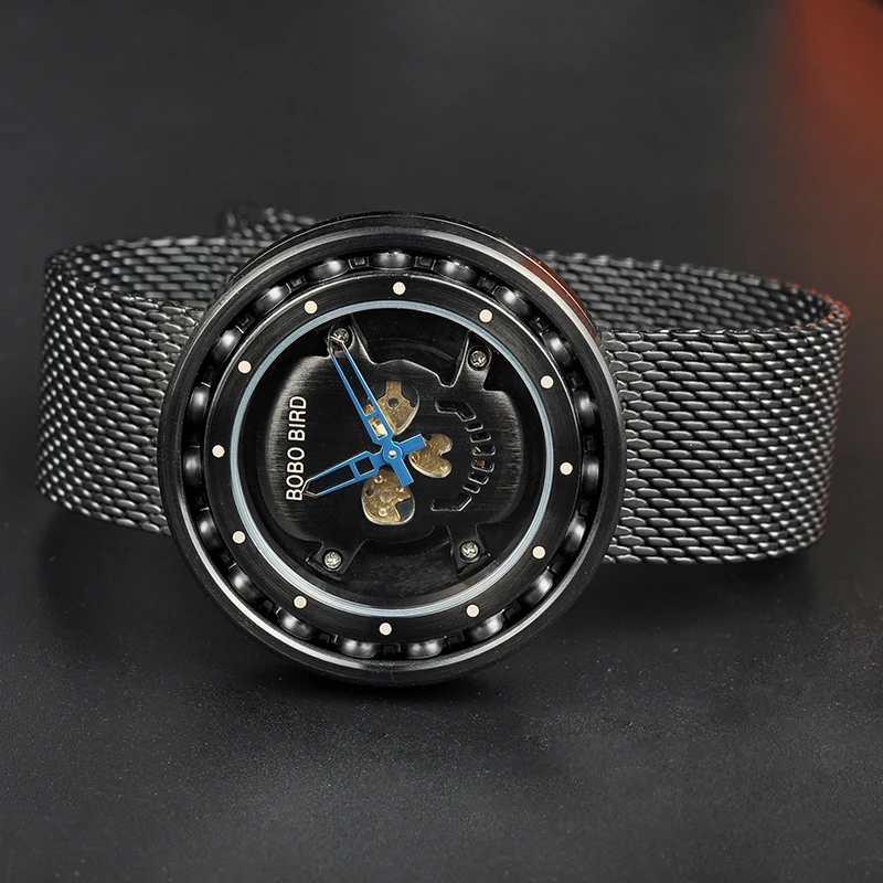 BOBO BIRD Q21 Mens Quartz Watch 360 Degree Rotation Bearing Design Stainless Steel Wristwatch Skull Dial relogio homens