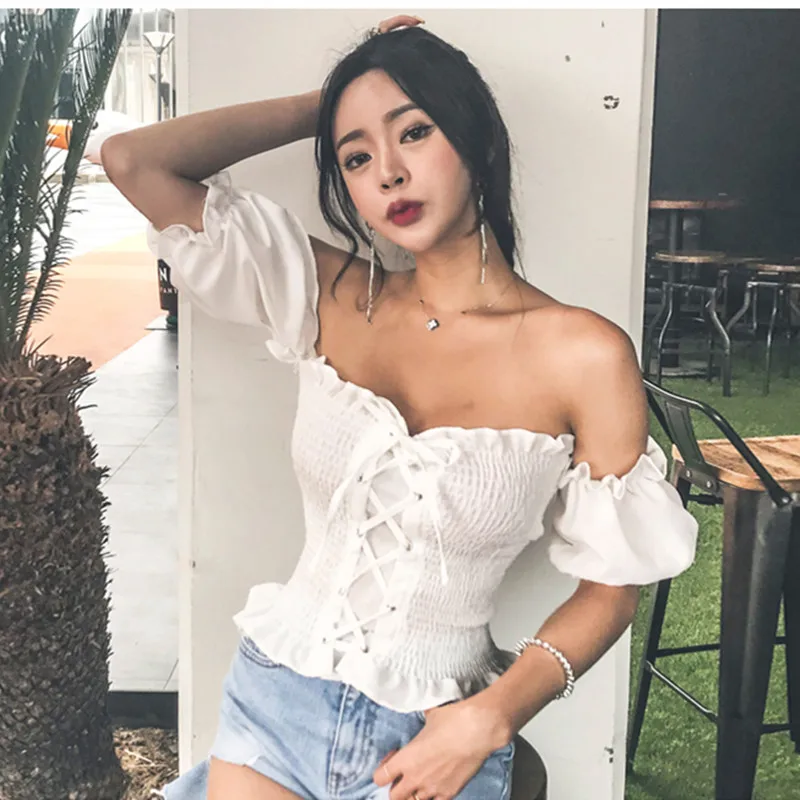 Boho Sexy Cropped Manga Bufante Blusa Feminina Ombro Fora Praia Novidade Verão 2020 Top