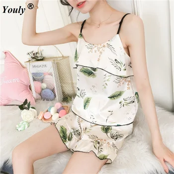 

Summer Silk Sleepwear Women Pajamas Sets 2020 Female Homewear Shorts Suits Clothes Kawai Two Piece Ruffles Camisole Shorts Sets