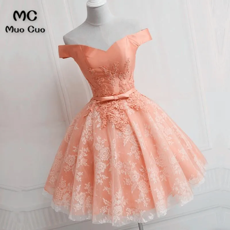 Elegant Pink Lace Appliques Satin Off The Shoulder Homecoming Dress Short Prom Dress4