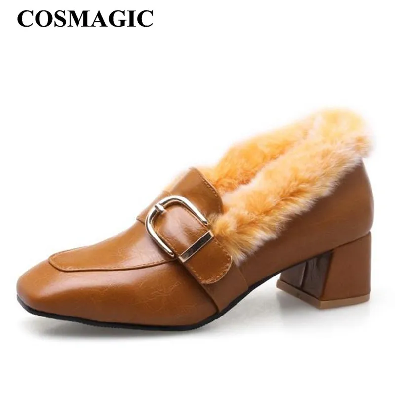 

COSMAGIC Fashion Metal Buckle Women Fur Pump 2018 New Winter Square Toe Slip on Square Heel Plush Inside Med Heel Shoe Plus Size