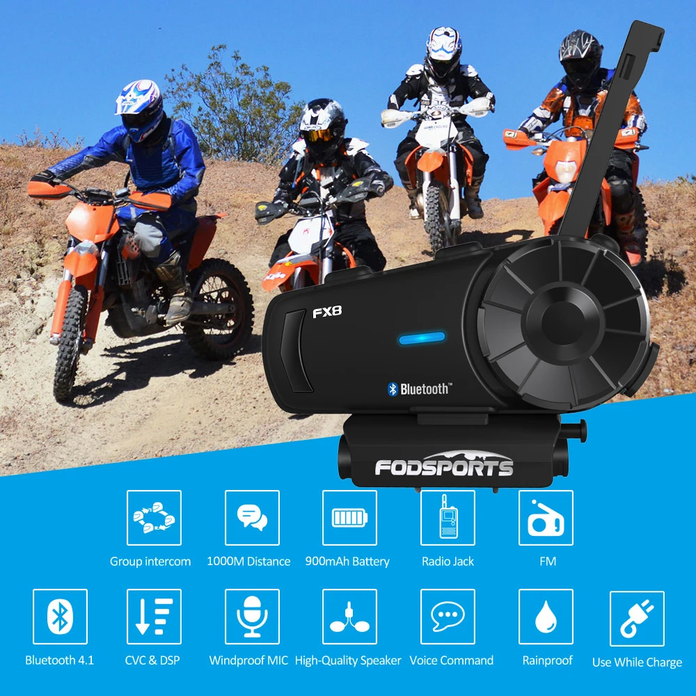 US $138.99 Fodsports 2 pcs FX8 Motorcycle Helmet Intercom 8 Rider 1000m Helmet Bluetooth Headset Group Intercom Moto Intercomunicador FM
