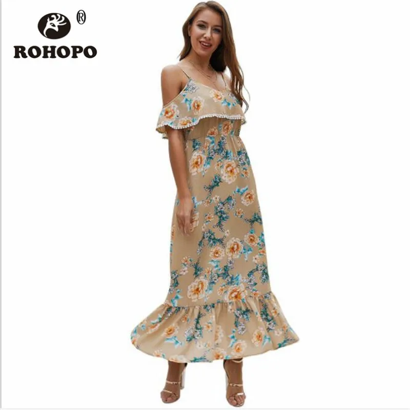 

Women Long Dress Summer Halter Strapless Fashion Outwear Runway Female Sweet Print Floral Designer Dress Ankle Length Khaki Blue