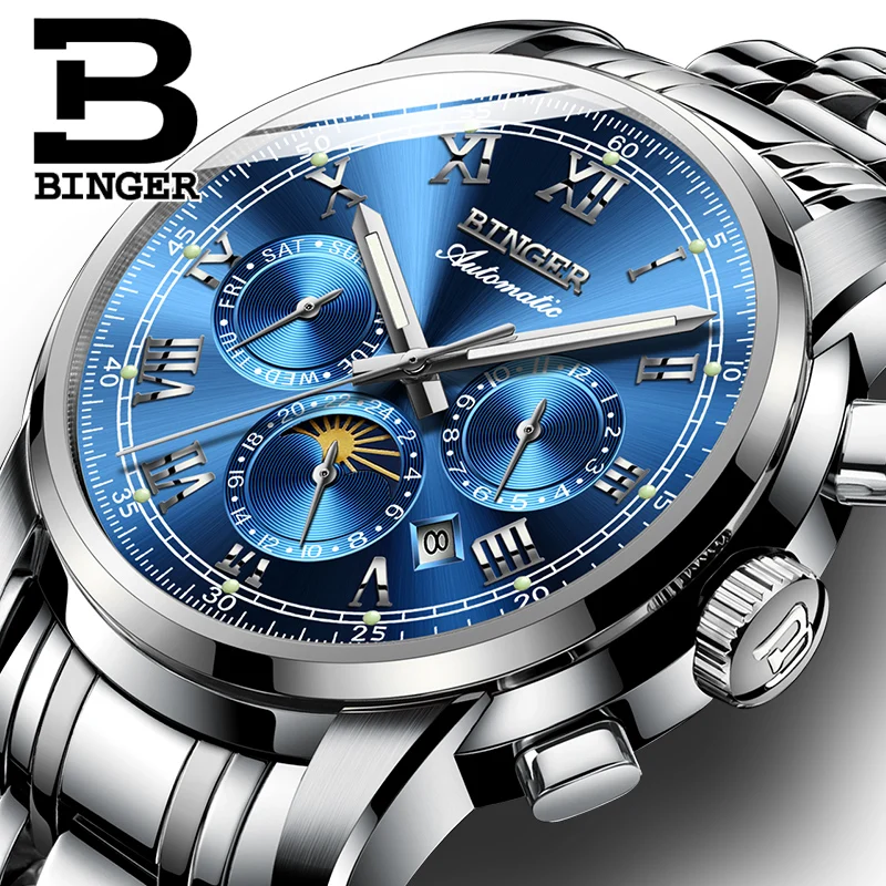 

High-end Switzerland Mechanical Watch BINGER Automatic Watches men Calendar Moon phase Sapphire Luminous Full Steel Montre homme