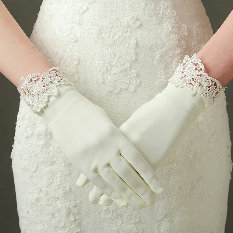 NICEOOXIAO матовые атласные свадебные перчатки элегантные свадебные перчатки модная кружевная отделка бежевые Свадебные аксессуары BNLF611-53