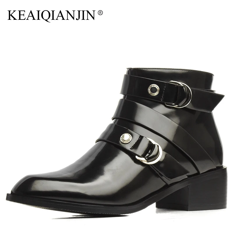 

KEAIQIANJIN Woman Pointed Toe Boots Autumn Winter Plus Size 33 - 43 High Heel Shoes Black Genuine Leather High Hee Ankle Boots