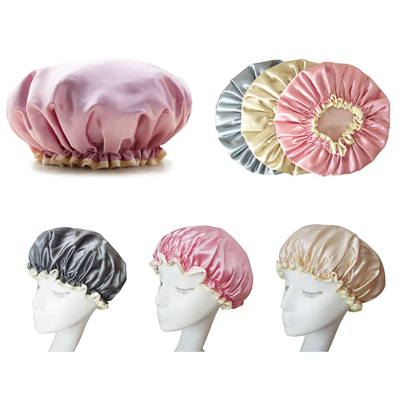 Двухслойные 1 шт. Женские аксессуары для душа атласные шапки для купания покрытие для волос водонепроницаемый PEVA шапочка для душа прочная