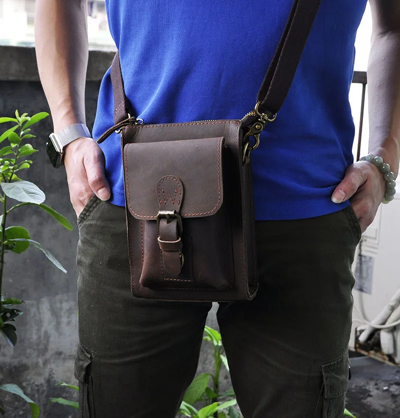 

Fashion Genuine Leather Men Multifunction Casual Design Small Messenger One Shoulder Crossbody Bag Waist Belt Bag Phone Pouch