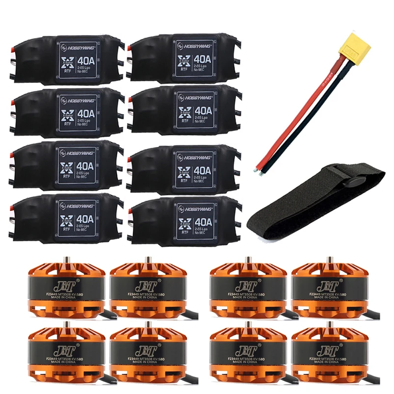 

DIY 8-axis Airplane Helicopter Motor Combo 8pcs 3508 580kv Motor + 8pcs Hobbywing XRotor 40A ESC + XT60 Connector+Fastening Tape