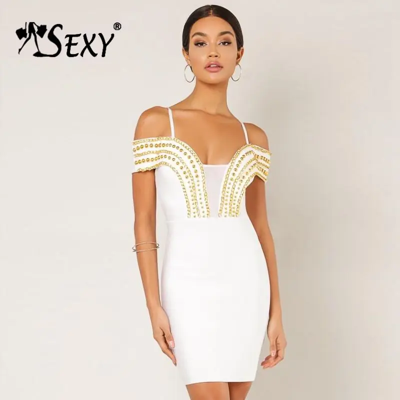 

2019 New Vestidos Sexy Off Shoulder Spaghetti Straps Embellished Women Party Bodycon Mini Dress Outfit
