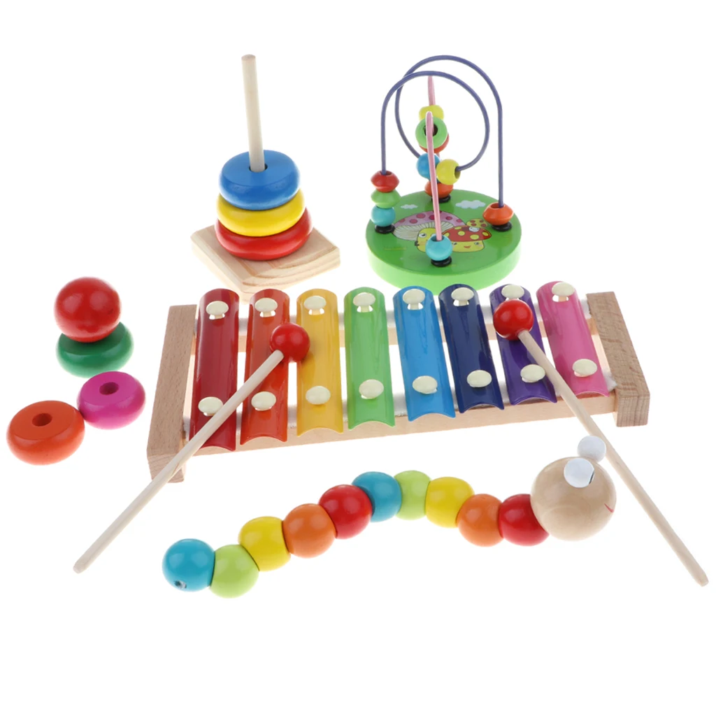 4PCS Montessori Educational Wooden Toy - Music Color & Shape Puzzle Cogniton Learning Xylophone Ring Tower Set #B