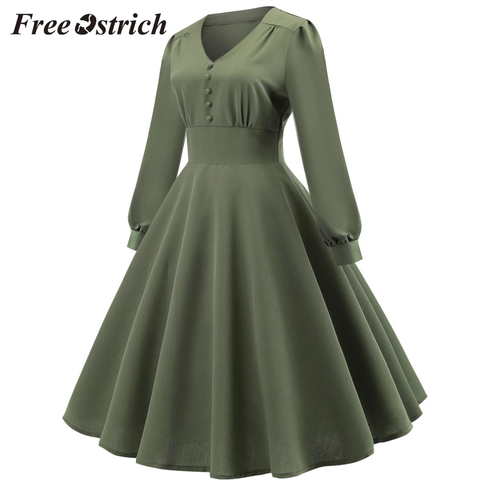 

Free Ostrich 2019 Fashion Women V-neck Color Block Draped Holiday Party Vintage Ball Gown Dress Green Natural Elegant Dress