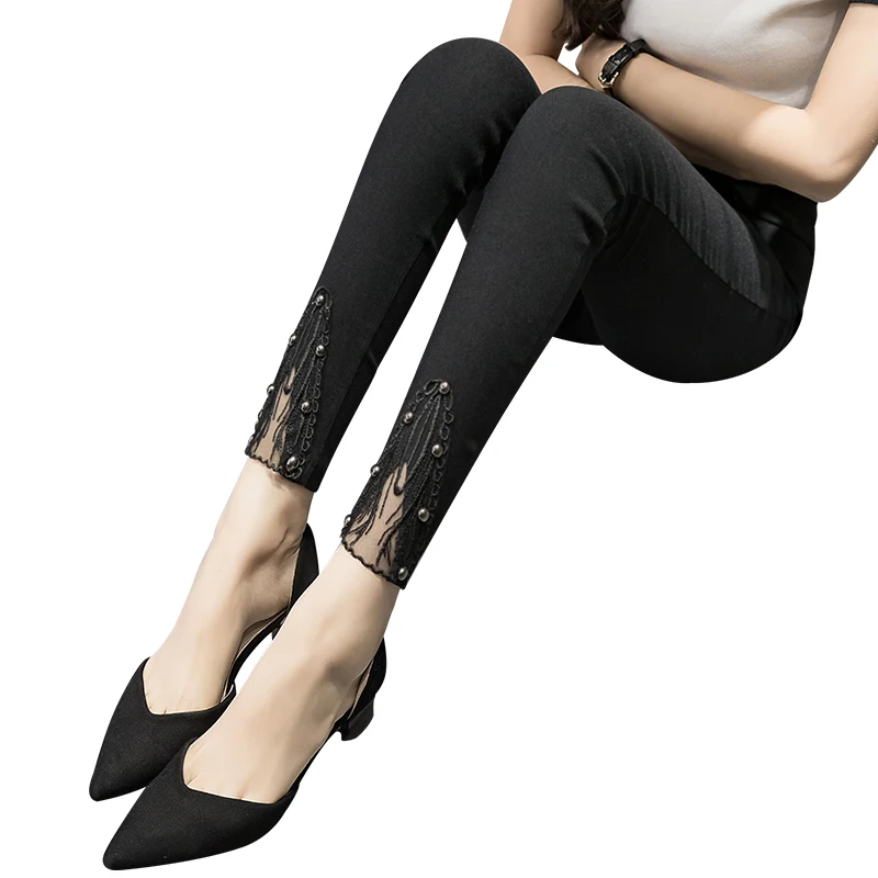 

Plus Size 10XL 150kg Wear Women Pants Spring Autumn Female Skinny Slim Elastic Waist Pencil Trousers Lace Patchwork Leggings N24