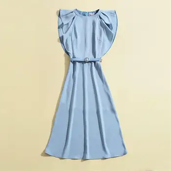 

Women Dress 2018 High Quality Autumn Designer Runway O-Neck Butterfly Sleeve Solid Elegant Party Dresses NPD0898