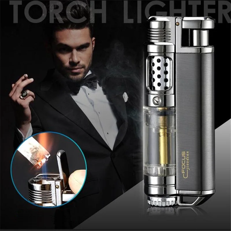 

FOCUS Luxury Flame Jet Cigar Lighter Inflatable Butane Gas Lighter Windproof Torch Lighter Spray Gun Metal Cigarette Lighter