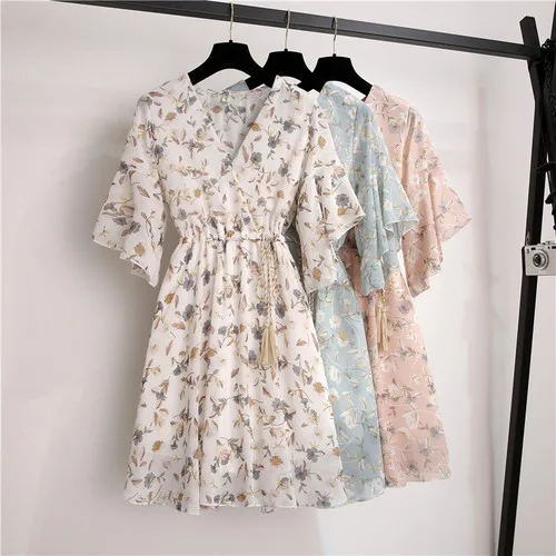 

New Floral Chiffon Women Dress Luxury Allover Printing Flare Sleeve Lady Dress Summer V-neck A Line Elastic Waist Woman Dress