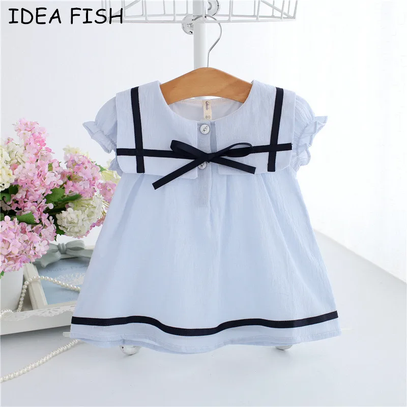 

IDEA FISH 2018 Summer Baby Dress Cotton Bow Infant Girl Dresses Puff Sleeve Toddler Baby Girl Clothes blue white 0-2T