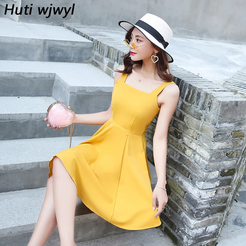 

2019 Korean Yellow Vintage Beach Mini Sundress Summer New Plus Size Solid Sexy Boho Dresses Elegant Women Party Bodycon Vestidos