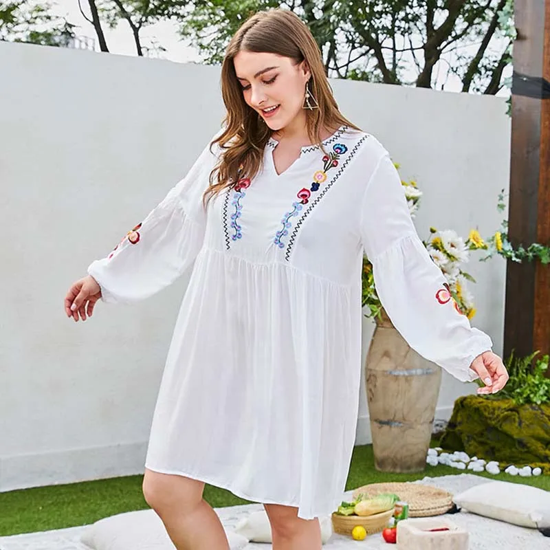 

WHZHM Long Sleeve Plus Size 3XL 4XL White Dress Women Autumn Party Vestidos Loose Flower Embroidery Big Size Dress Ladies