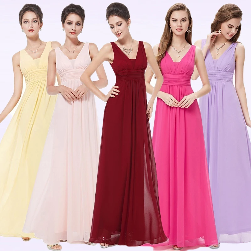 

Burgundy Bridesmaid Dresses 2019 EB20118 Women's Elegant Pink V-neck A-line Long Plus Size Beach Wedding Guest Occasion Gowns