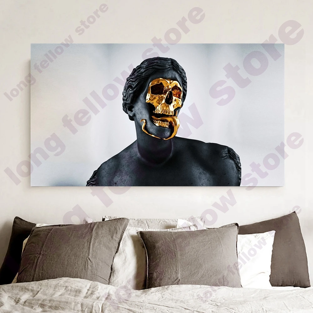

Golden Skull Face European Statue Abstract Home Decorative Skeleton Poster Wall Art Print Hallway Bar Picture Wall Decor Custom