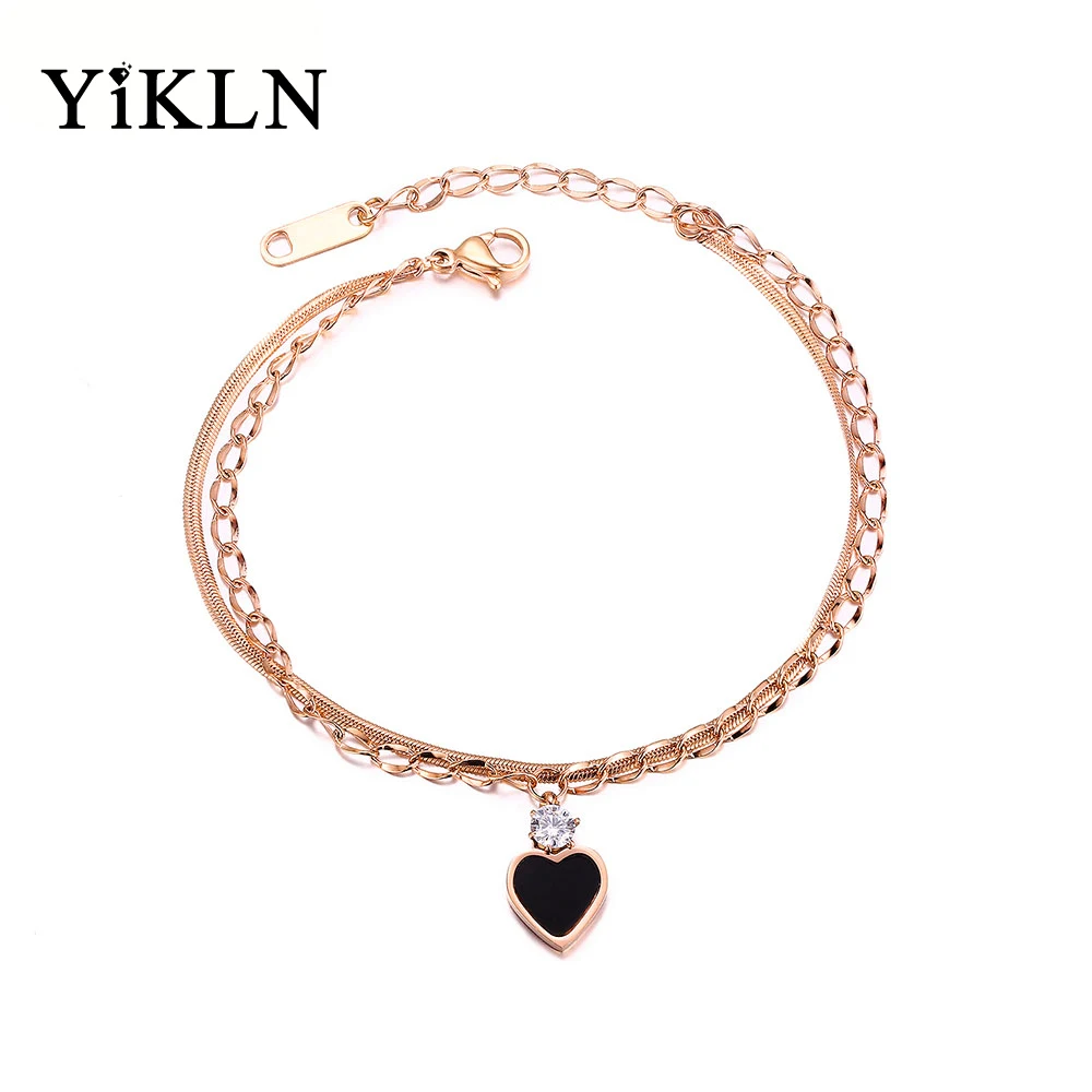 

YiKLN Fashion Love Heart Micro-inlaid Zircon Charm Bracelet Double Layer Rose Gold Chain & Link Bracelets For Women YOGS1001