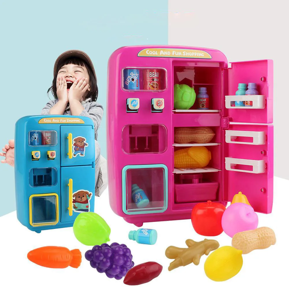 

31 Pcs Electric Simulation Double Refrigerator With Food Vending Machine Play House Toy with Door Fog Function Lighting Ringing