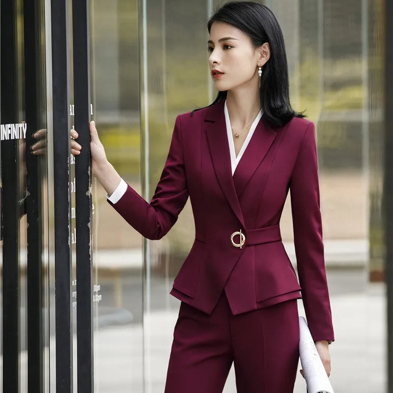 Elegant Uniforms Women Suit Office Lady Formal Blazer Set 2 Piece Pants Suits Fashion Jackets Trouser Autumn Winter XL 4XL