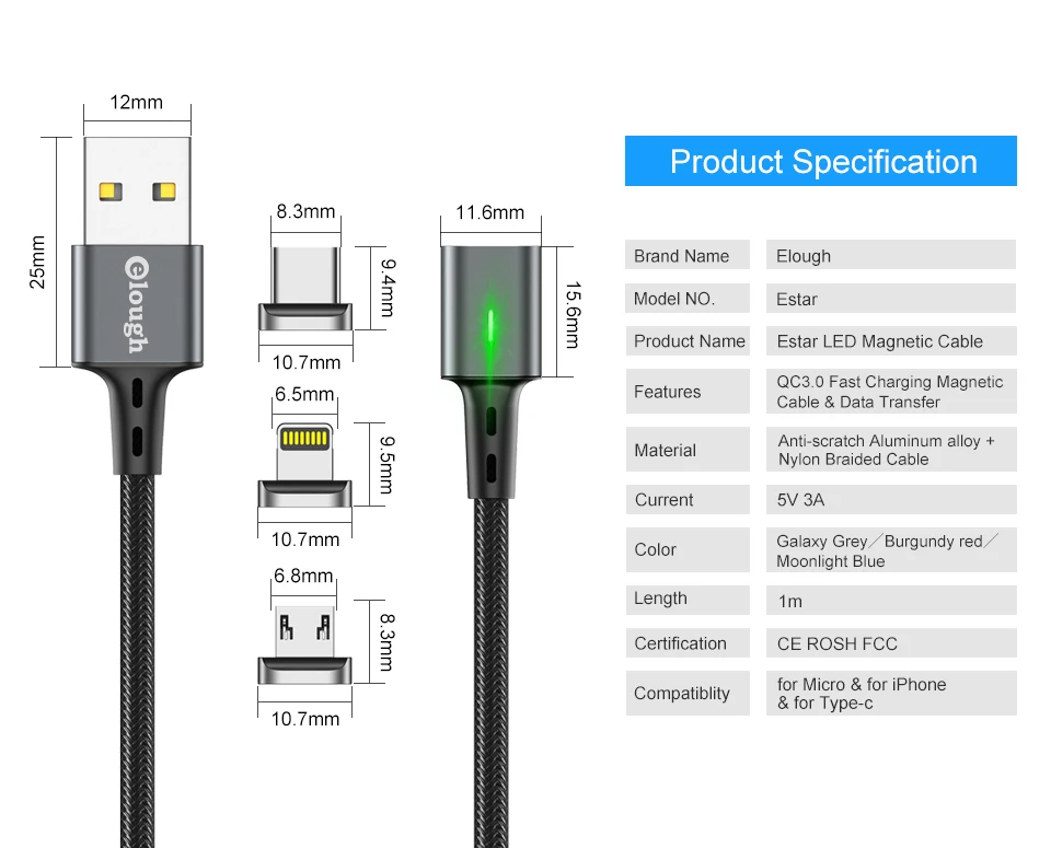 Elough 3 в 1 usb кабель Магнитный кабель для iPhone XS кабель samsung Xiaomi Тип C Microusb Магнитный зарядный кабель 3A зарядное устройство