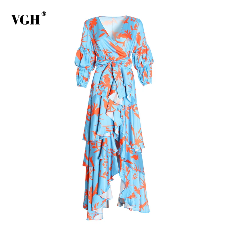 

VGH Asymmetrical The Dress Female V Neck Puff Sleeve High Waist Bandage Bow Ruffles Print Dresses Female Fashion New 2019 Autumn