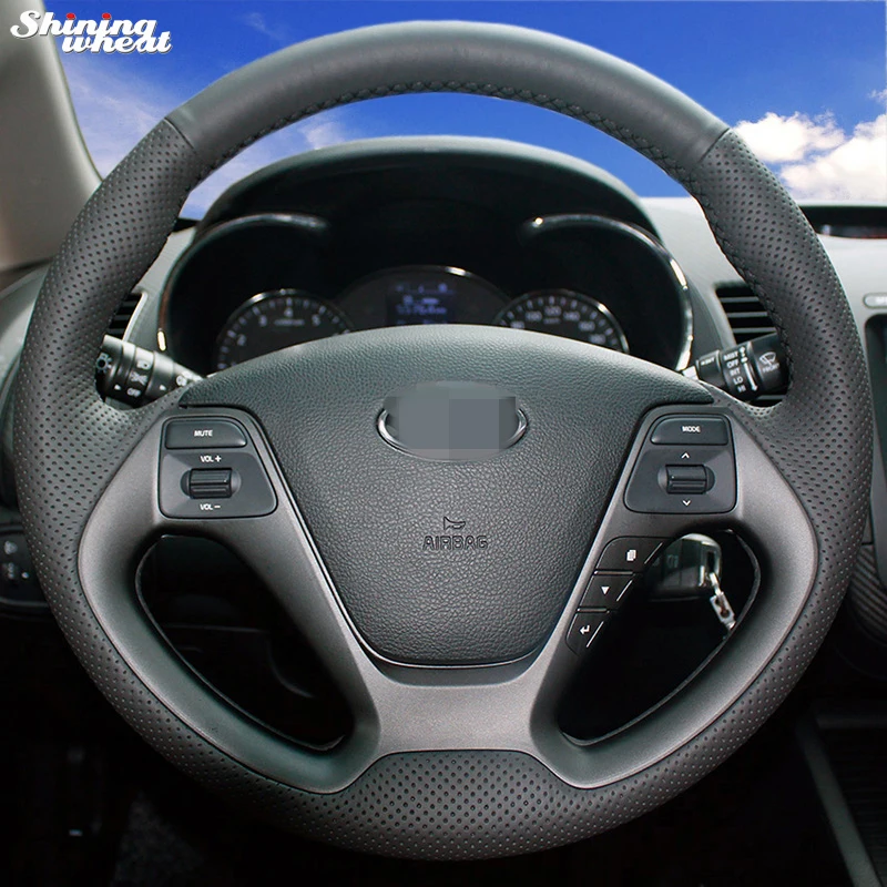 Shining wheat Black Leather Steering Wheel Cover for Kia K3 2013 Kia K2 2015 Kia Ceed