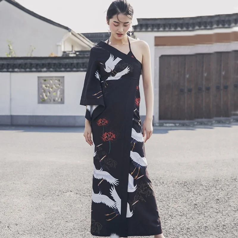 Женский Асимметричный костюм Geisha Obi Yukata винтажное платье Kimonos с красным краном