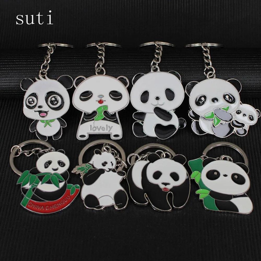 

suti new fashion cute lovely metal panda bear key chain ring anime keychain novelty creative keyring trinket charm women kids