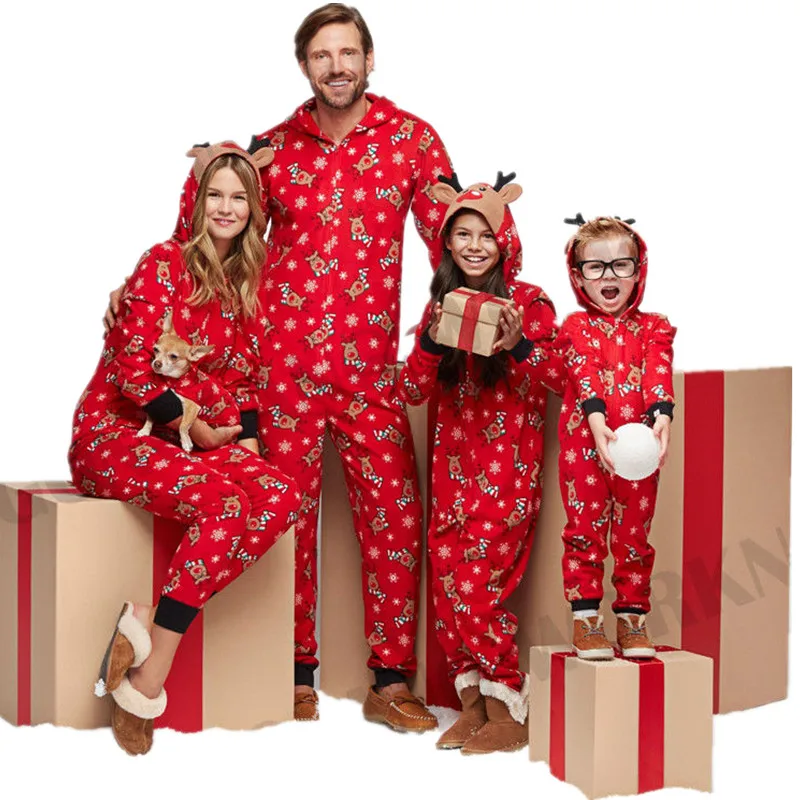 

Family Matching Christmas Pajamas Set Mom Dad Kid Deer Print Casual Long Sleeve Hooded jumpsuit Sleepwear Nightwear
