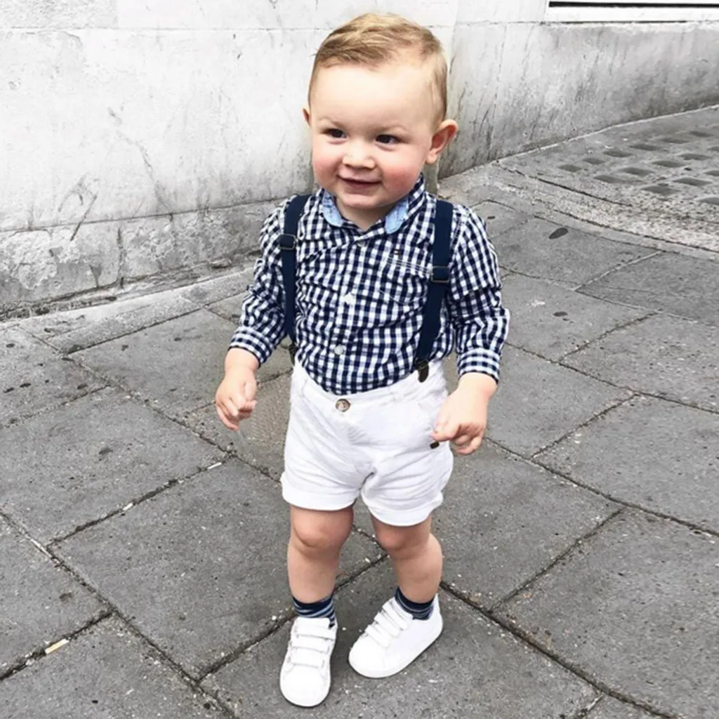 Toddler Baby Boy Plaid Shirt Top Denim Suspender Shorts Overalls Outfit Summer Clothes Set 