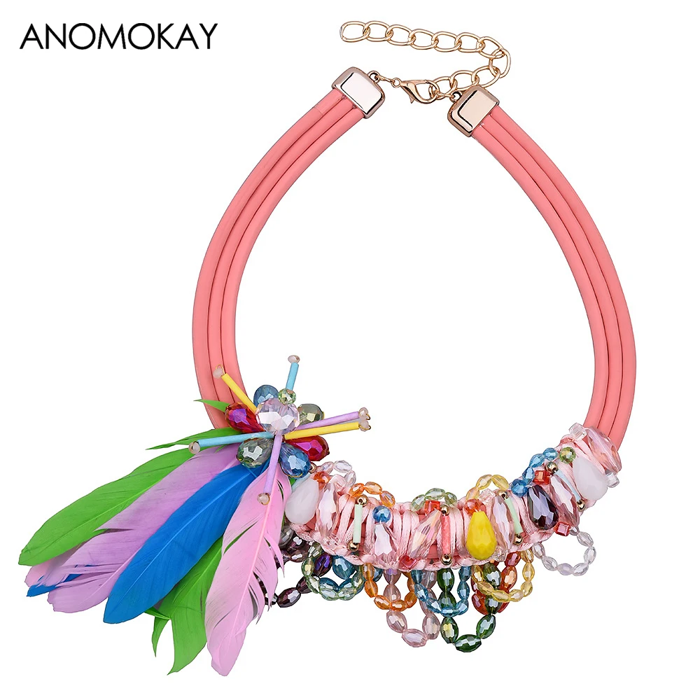 

ANOMOKAY Simple Style Multicolor Bohemia Choker Necklace Fashion Feather Decor Women Necklace Jewelry