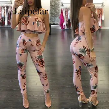 

Women print ruffle crop top long pants 2 piece set for female women 2019 autumn new off shoulder two piece set women suits