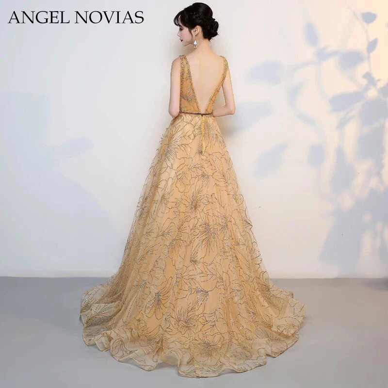 ANGEL NOVIAS 2018 New Custom Make Gold Glitter Sparking Evening Dress Long Formal Amazing Vintage Arabic Prom Dresses