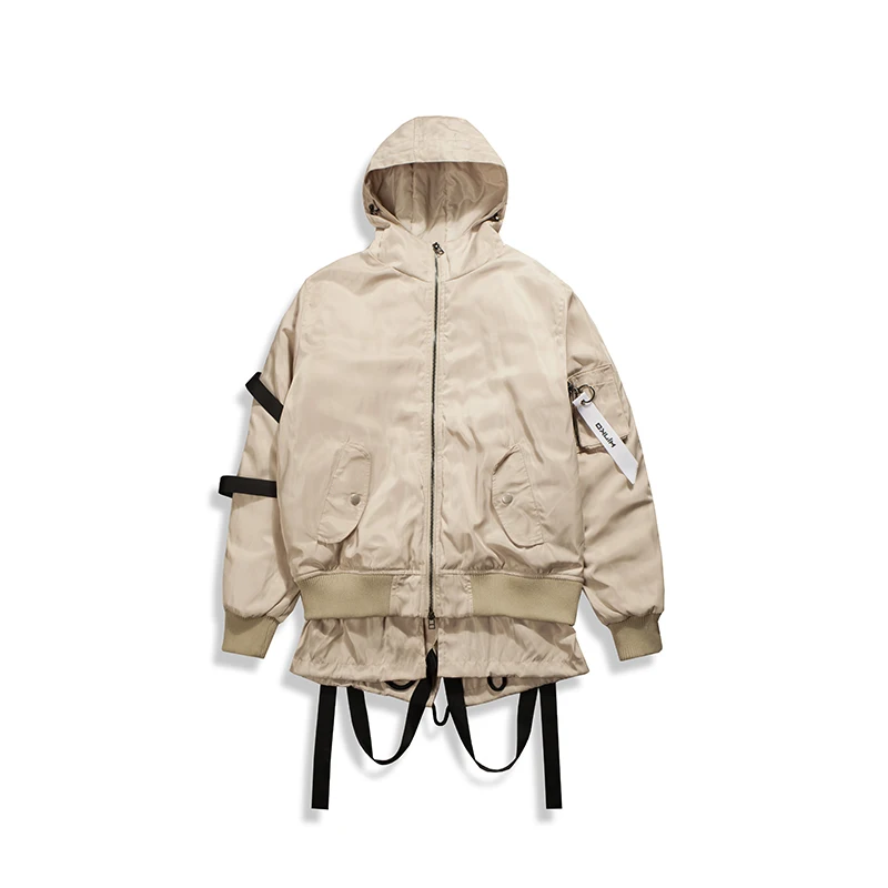 

Military Ribboned Long Bomber Jacket Lightly Padded Windbreaker Men New Arrivals Layered Hem Hooded Aviator Jacket