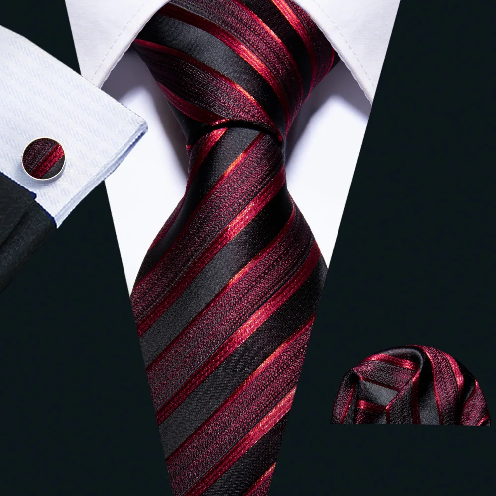 Male Luxury Neck Tie For Men Business Red Striped Silk Tie Hanky Cufflinks Set Barry.Wang Fashion Neckwear Wedding Party Casual men cravat 8cm neckwear formal dress necktie polka dot tie bussines wedding silk satin corbatas bridegroom neck tie party scarf